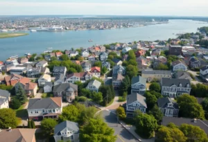 Aerial view of Rhode Island showing residential areas and real estate market activities.