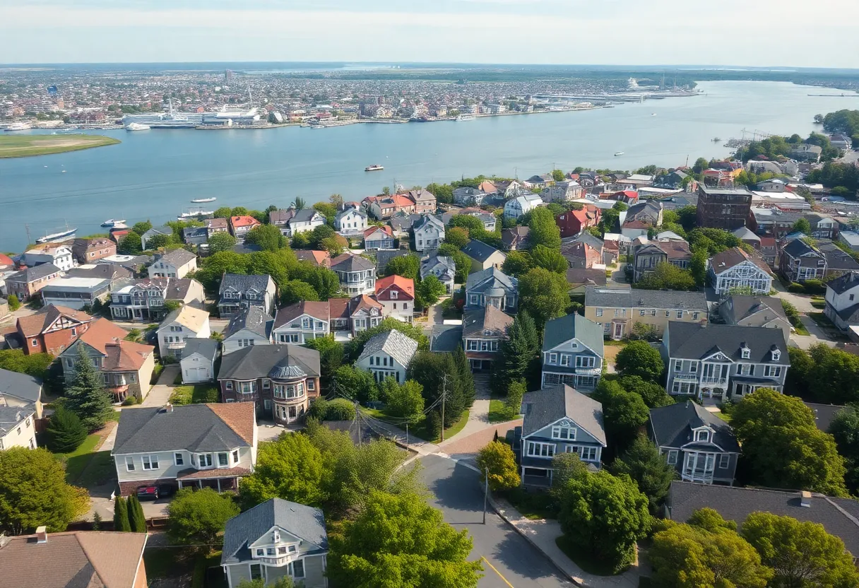 Aerial view of Rhode Island showing residential areas and real estate market activities.