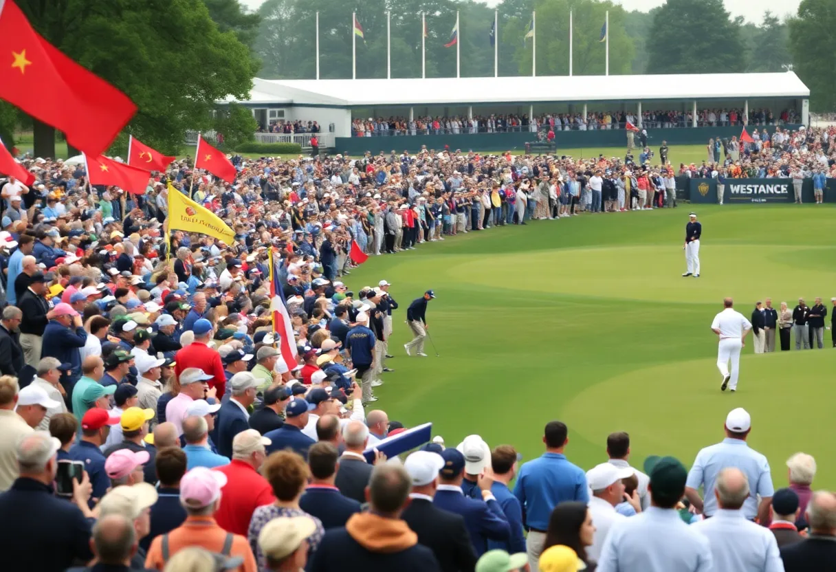 Golfers competing at the Ryder Cup at Bethpage Black with enthusiastic fans in the background.