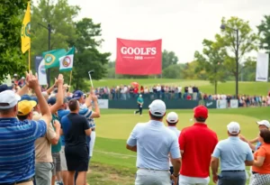 Golf players competing in the Ryder Cup at Bethpage Black with fans in the background.