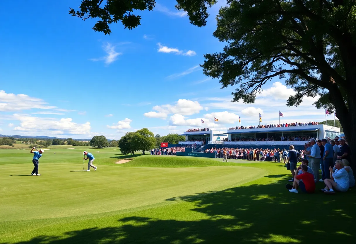 A view of a Ryder Cup golf match at Bethpage Black with players competing.