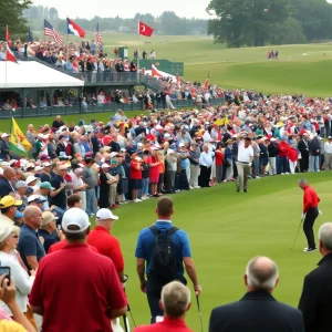 Crowd and players at the Ryder Cup at Bethpage Black golf course