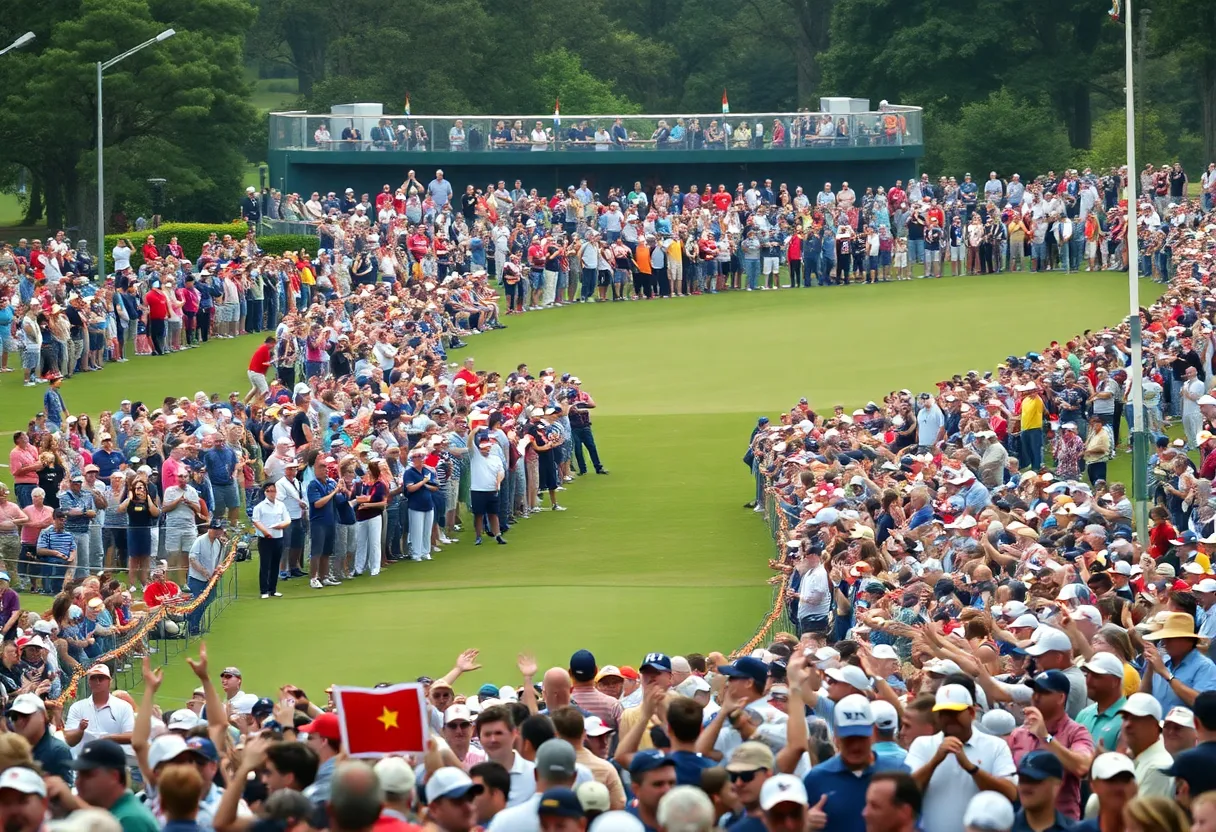 Crowd cheering at Ryder Cup golf match