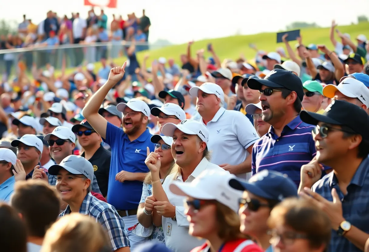 Crowd at Ryder Cup golf event with intense fan engagement.