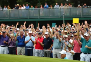 Fans cheering at the Ryder Cup with mixed emotions.
