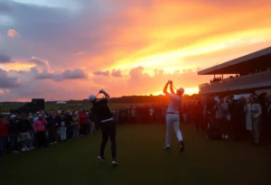 Players competing in the Ryder Cup final day with enthusiastic fans in the background.