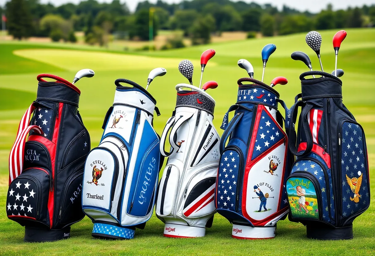 Custom designed Ryder Cup golf bags with patriotic design elements.