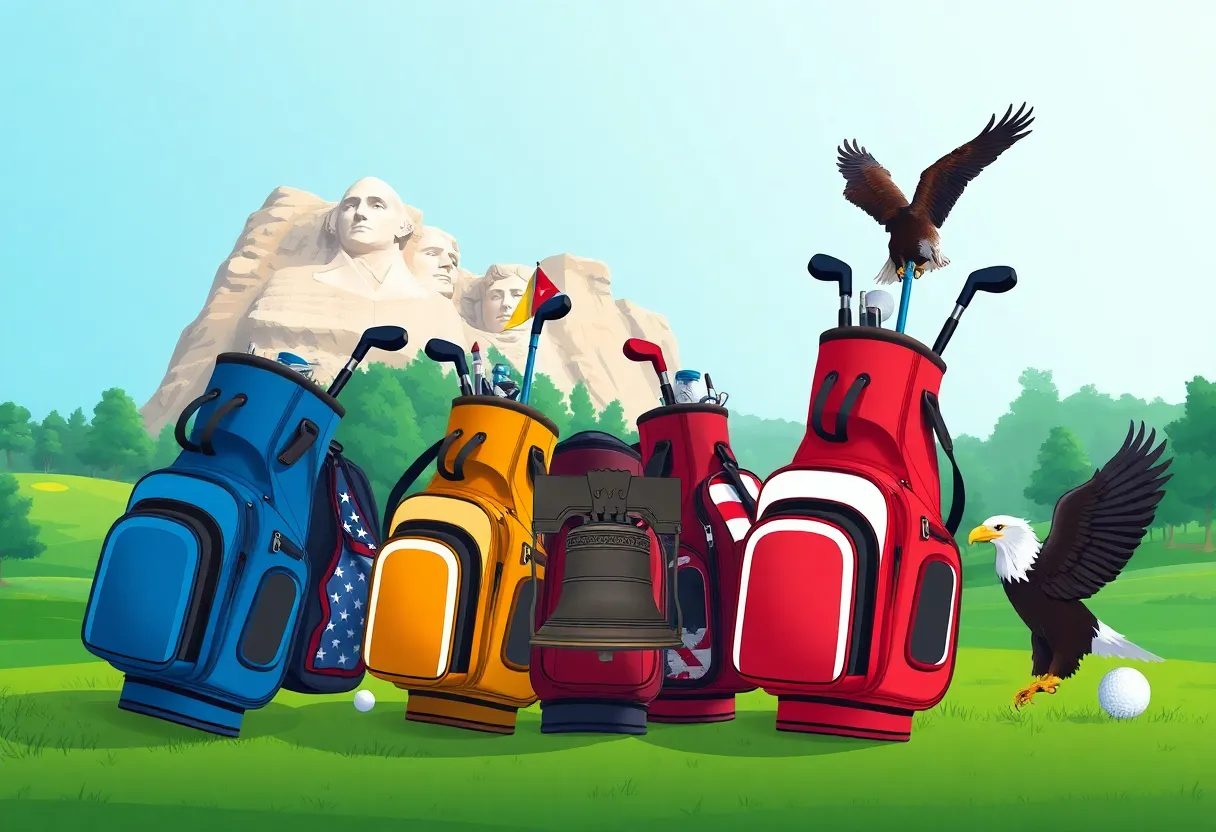 Creative golf bags with American symbols for the Ryder Cup.