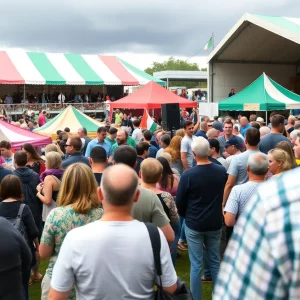 Crowd at Seisiún festival enjoying Irish music under cloudy skies