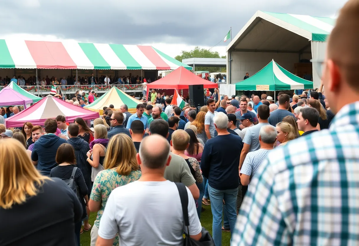 Crowd at Seisiún festival enjoying Irish music under cloudy skies