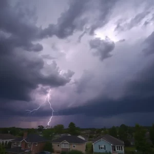 Dark storm clouds over Worcester with lightning