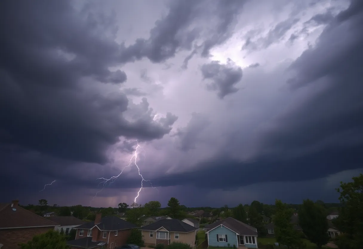 Dark storm clouds over Worcester with lightning