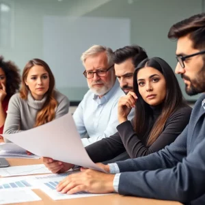 Diverse small business owners in a meeting expressing concern over profit outlook