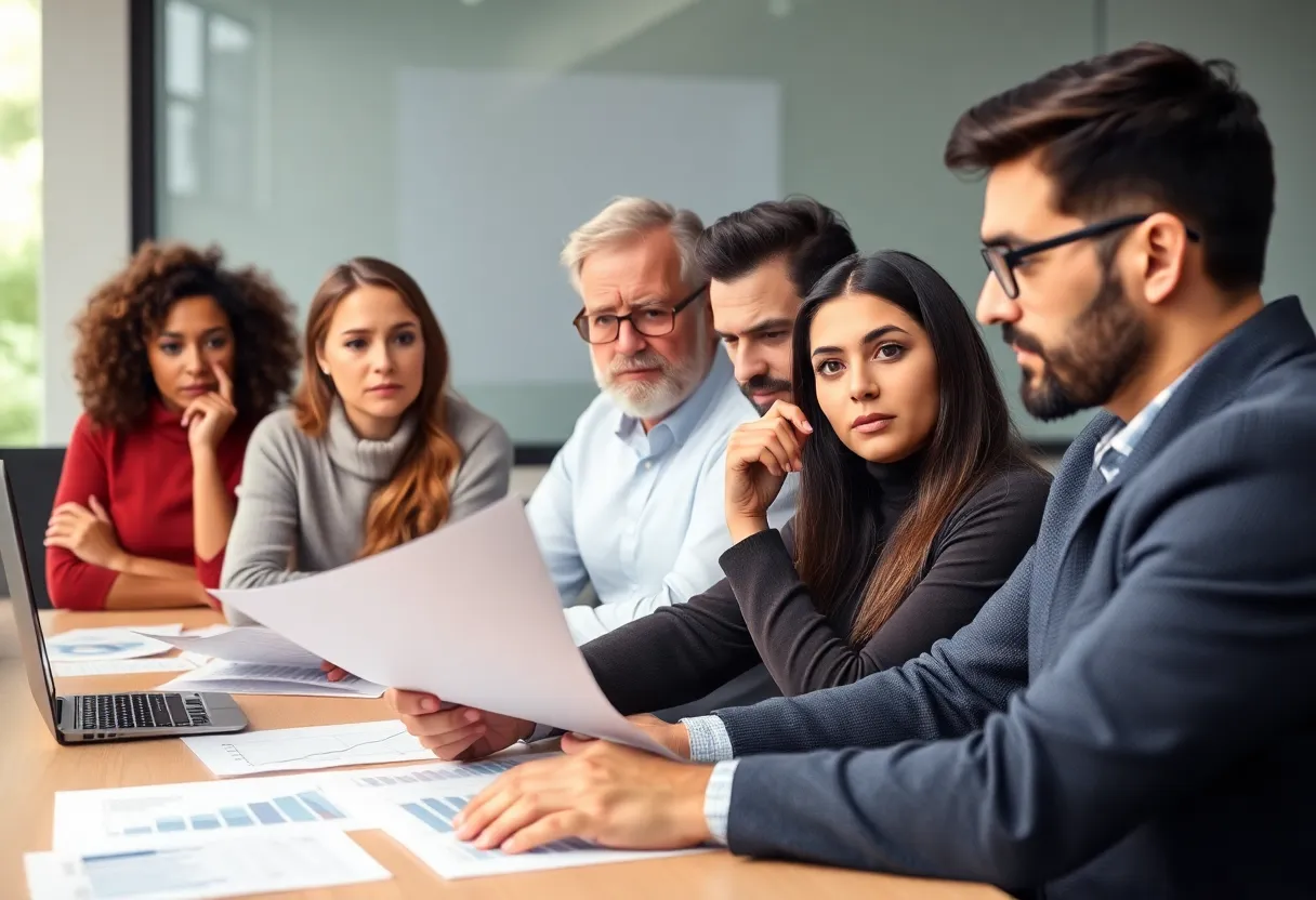 Diverse small business owners in a meeting expressing concern over profit outlook