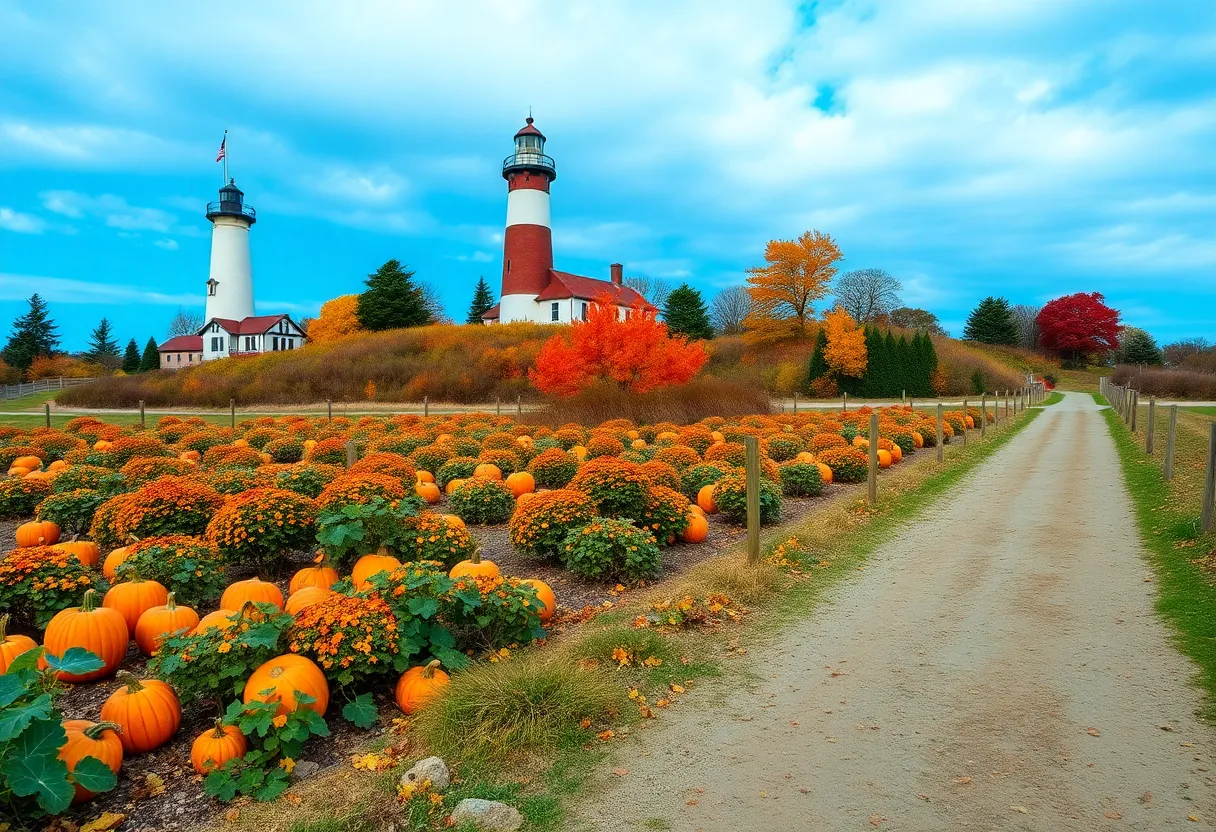 A scenic view of a pumpkin patch and lighthouse surrounded by fall colors