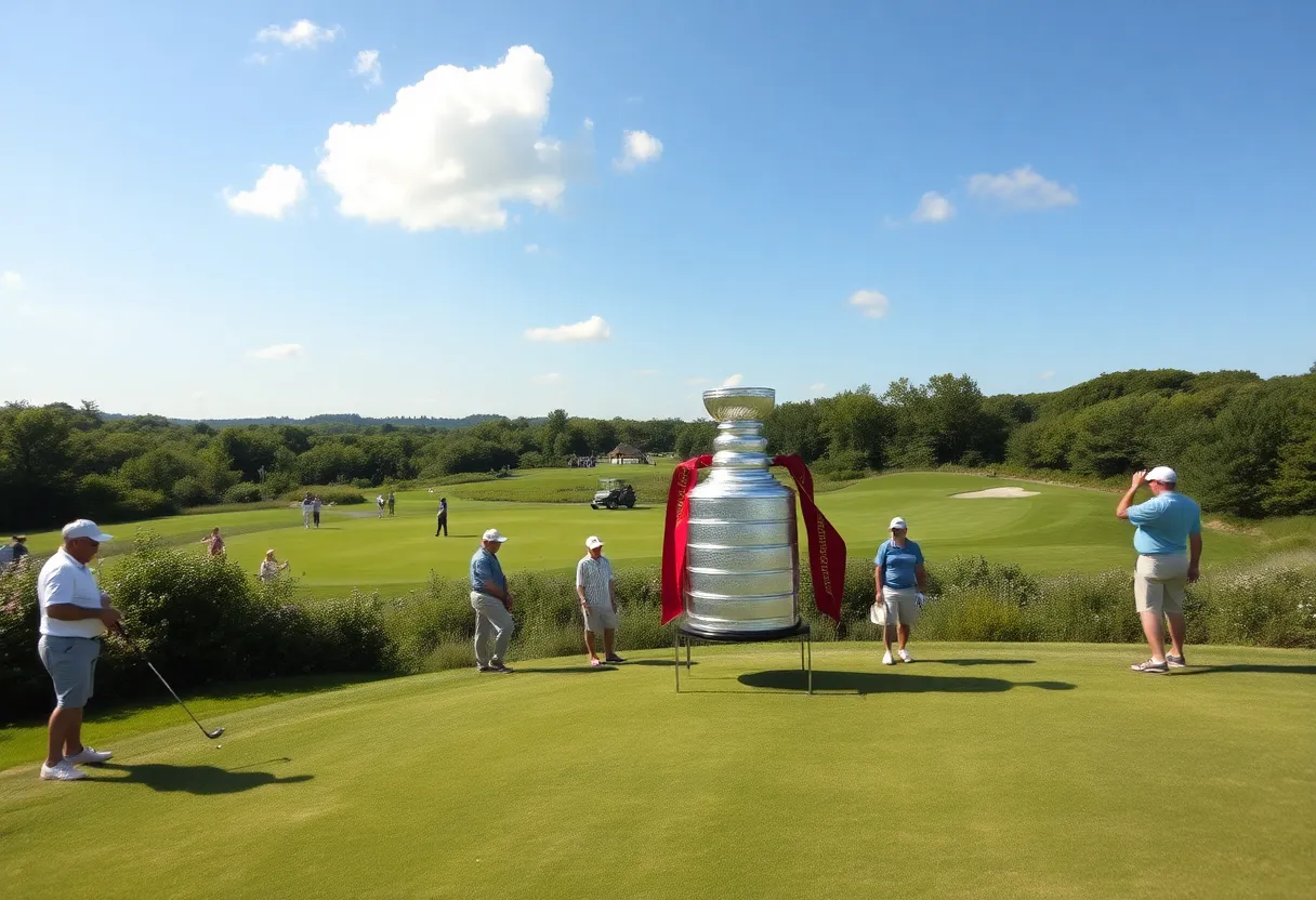 Stanley Cup displayed at a golf course in Cape Cod with golfers enjoying the day.
