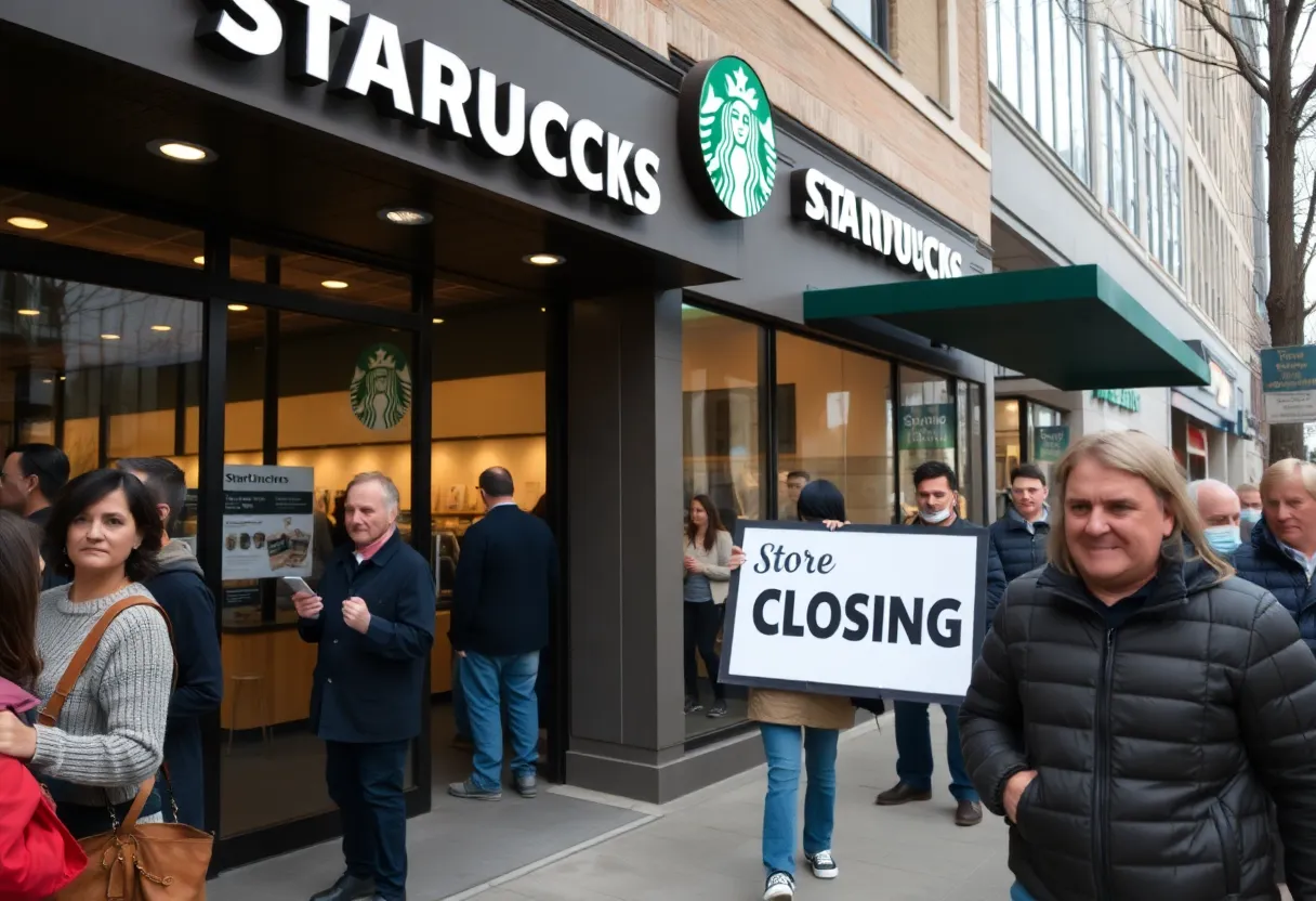 A closed Starbucks store with a store closing sign in Massachusetts.