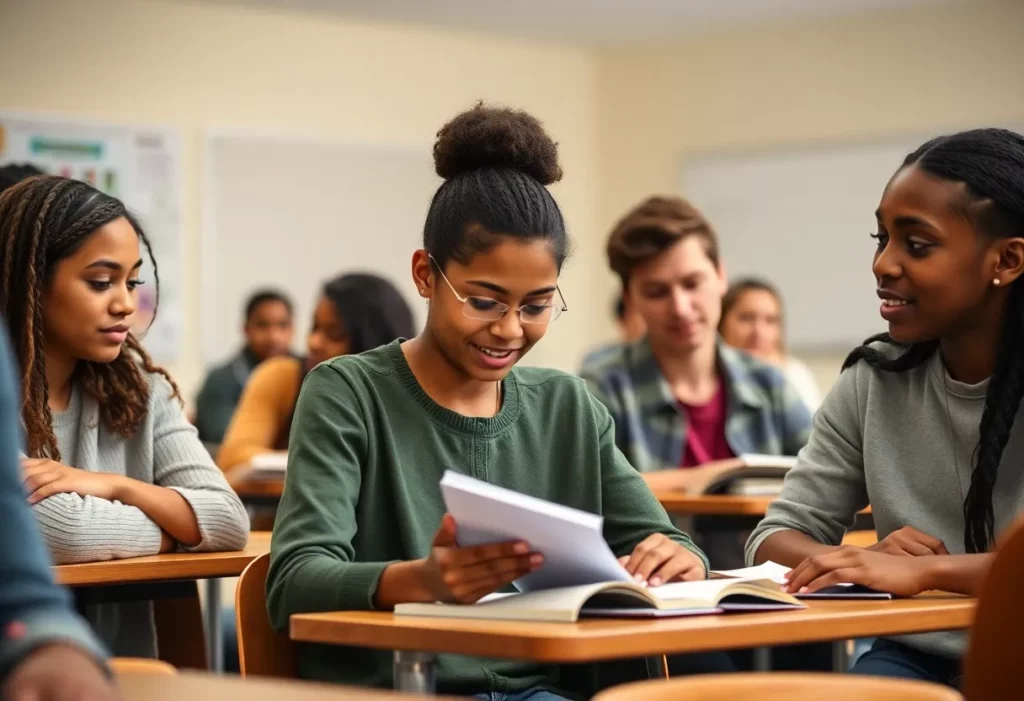 Diverse students collaborating in a classroom