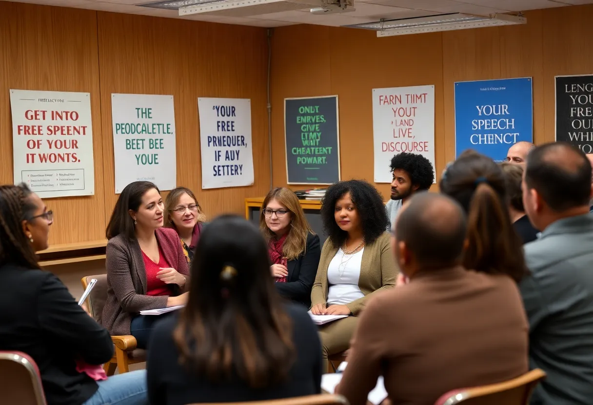 A group of educators discussing the importance of free speech rights in a classroom.