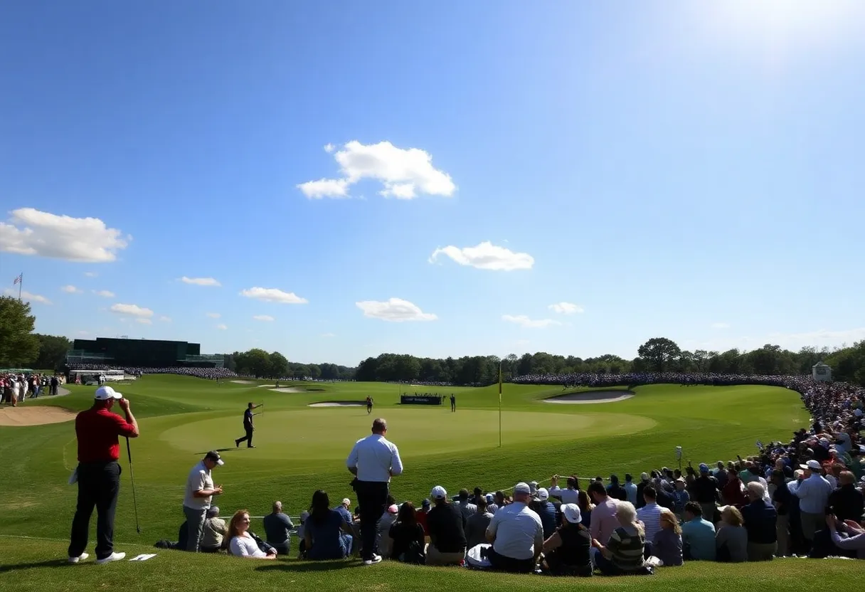 Golf players at Bethpage Black preparing for the Ryder Cup.