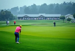 Golfers competing at Tekoa Country Club during rain