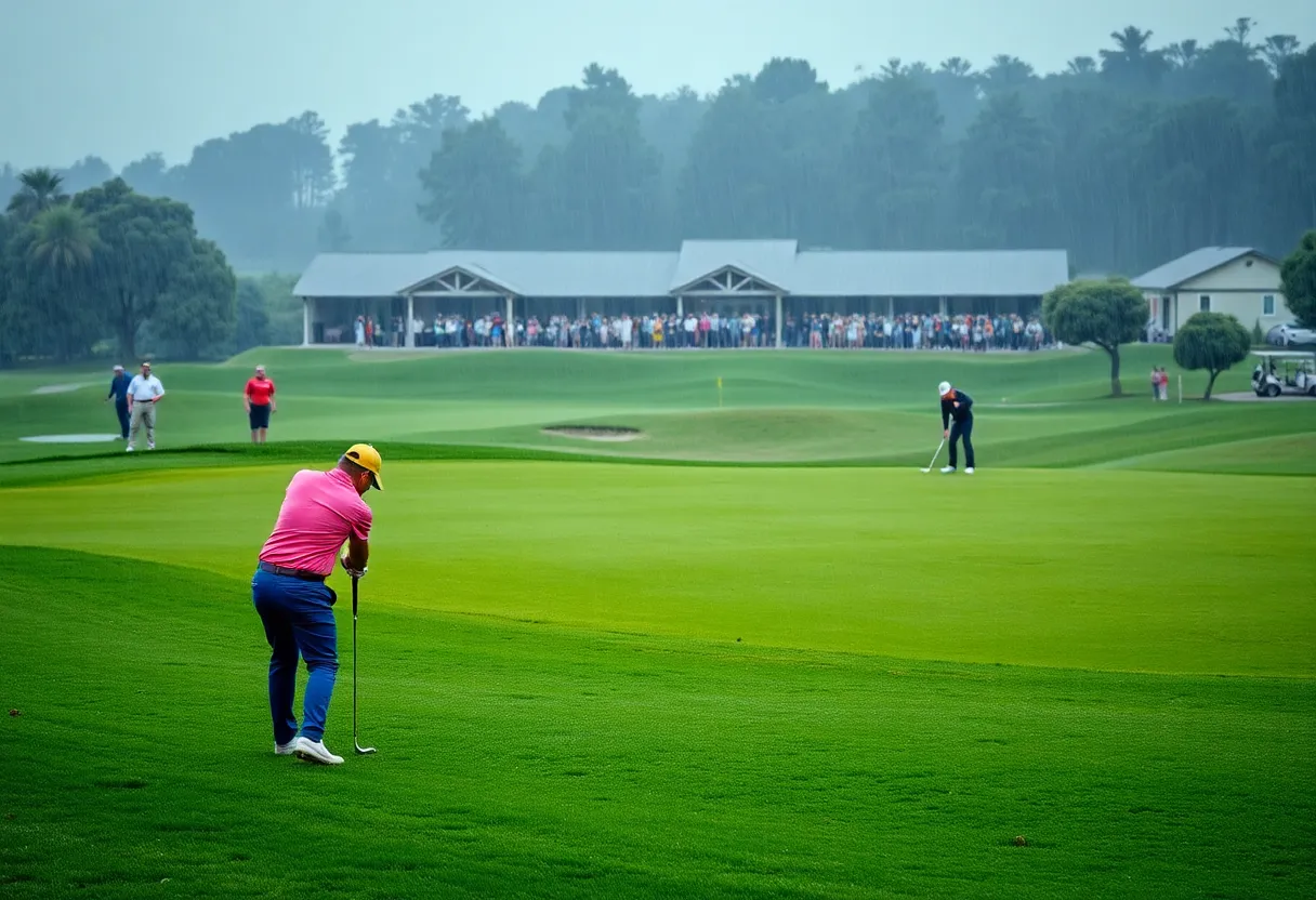 Golfers competing at Tekoa Country Club during rain