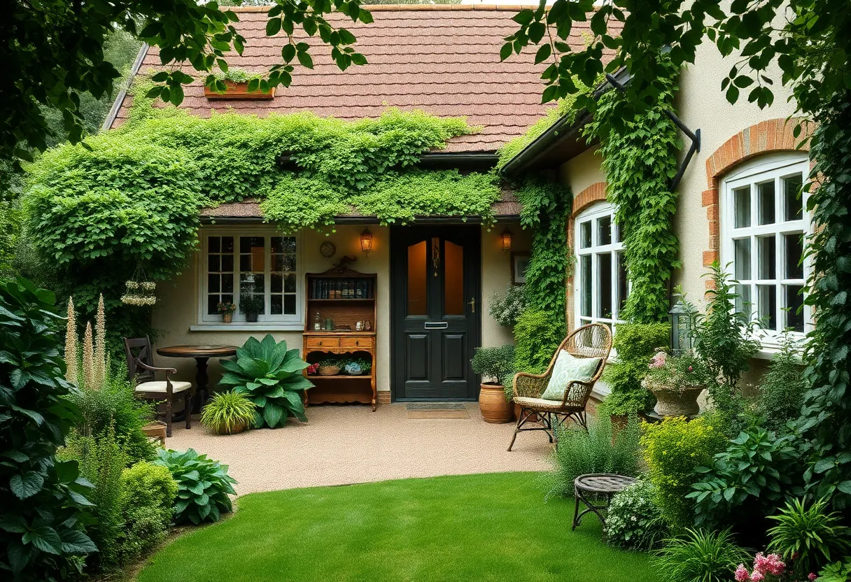 Setting of The Cottage play showcasing a 1920s English countryside cottage