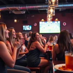 Interior view of The Sports Bra with fans watching women's sports