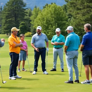 Golf instructors teaching various golfers on a golf course