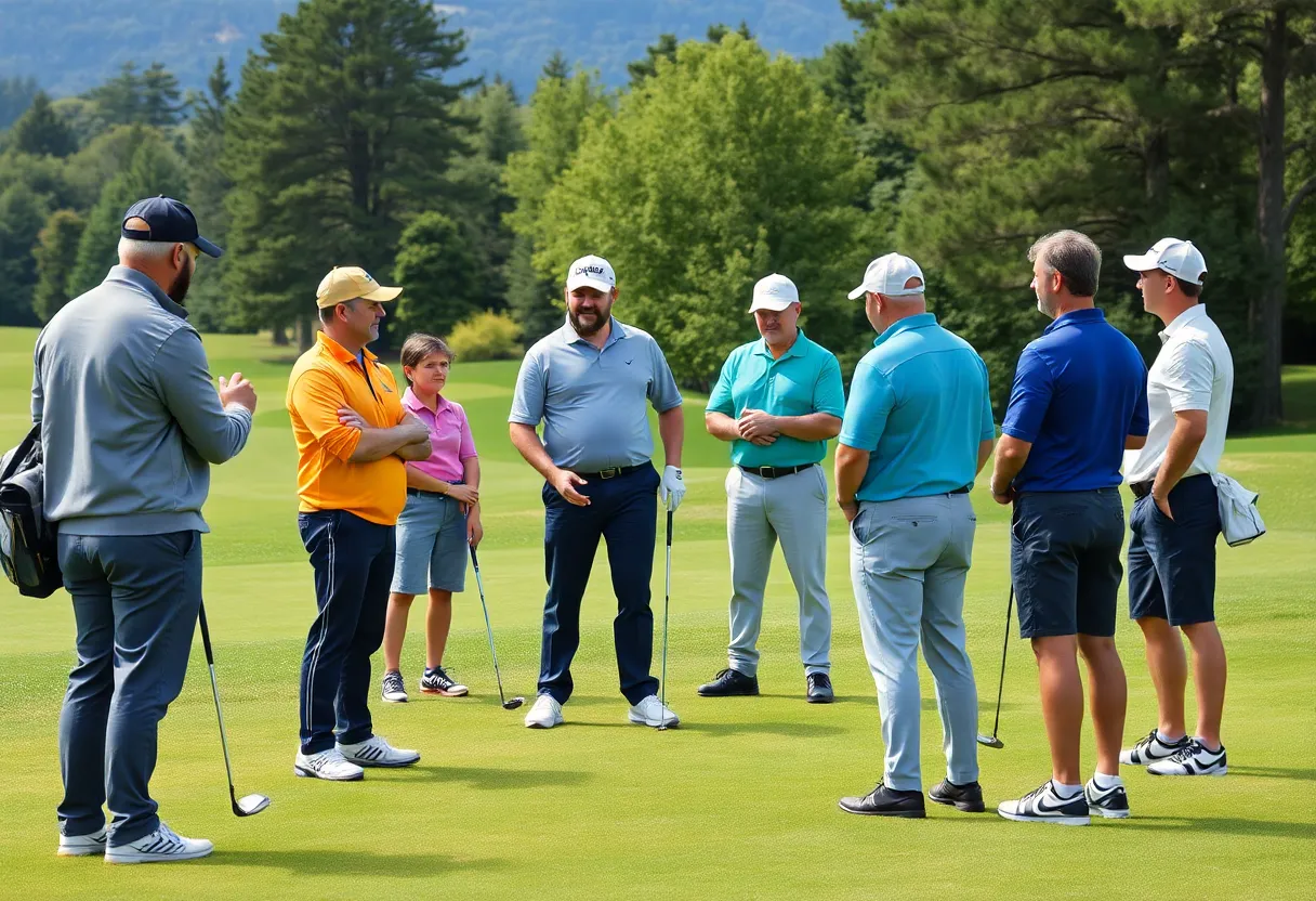 Golf instructors teaching various golfers on a golf course