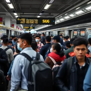 Commuters in a transit station with visible security personnel.