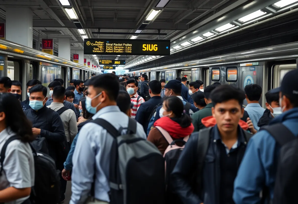 Commuters in a transit station with visible security personnel.