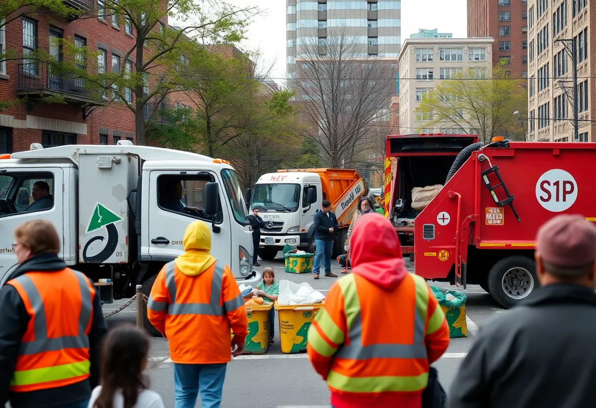 Garbage trucks collecting trash in Greater Boston after a strike