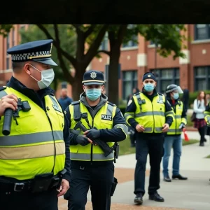 Police officers on duty at UMass Lowell during a campus lockdown.