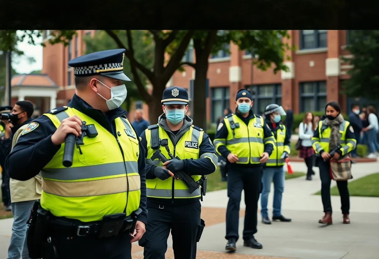 Police officers on duty at UMass Lowell during a campus lockdown.