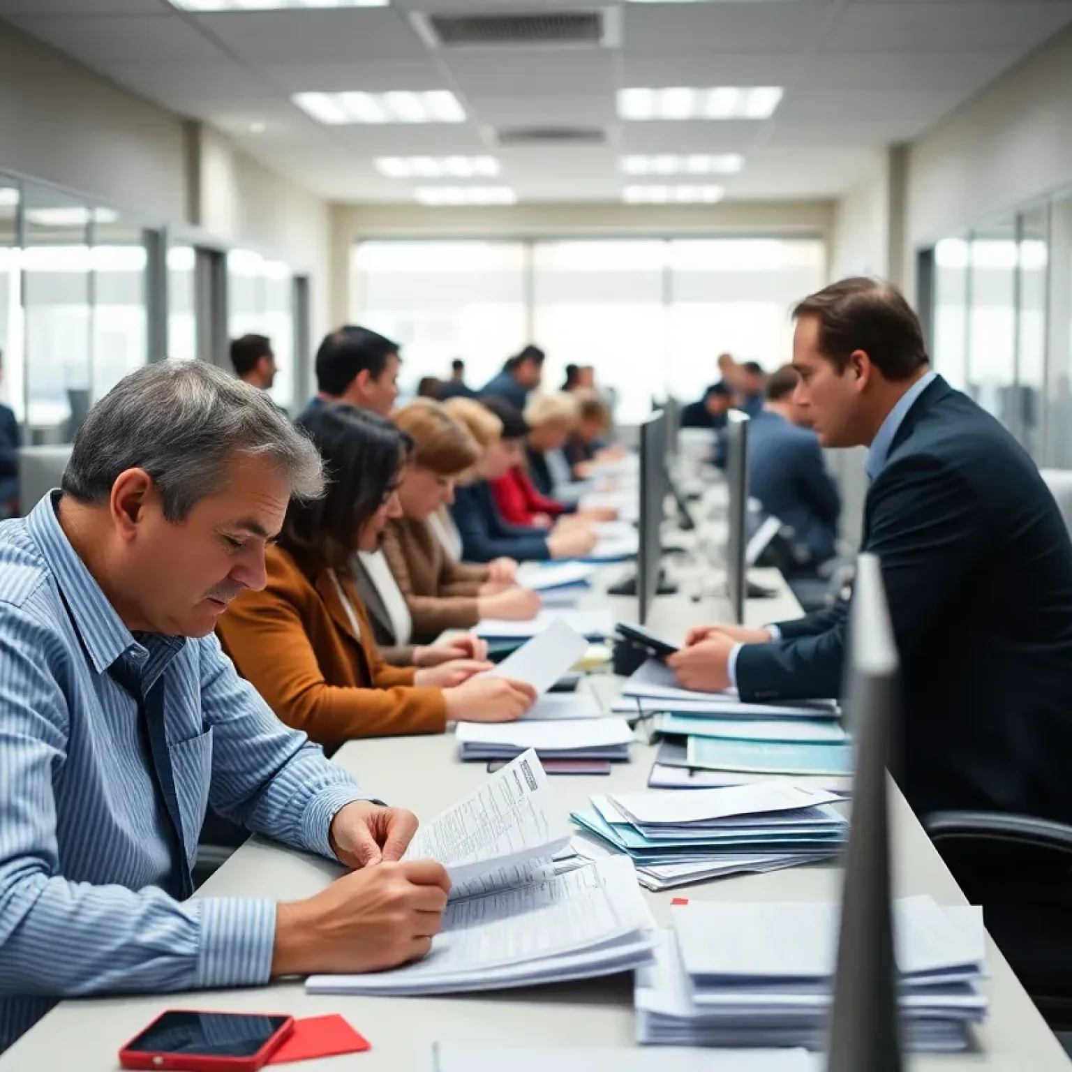 Workers navigating unemployment claims in a busy office