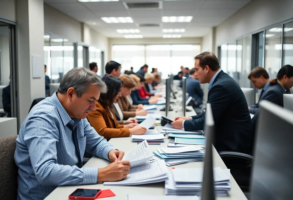 Workers navigating unemployment claims in a busy office
