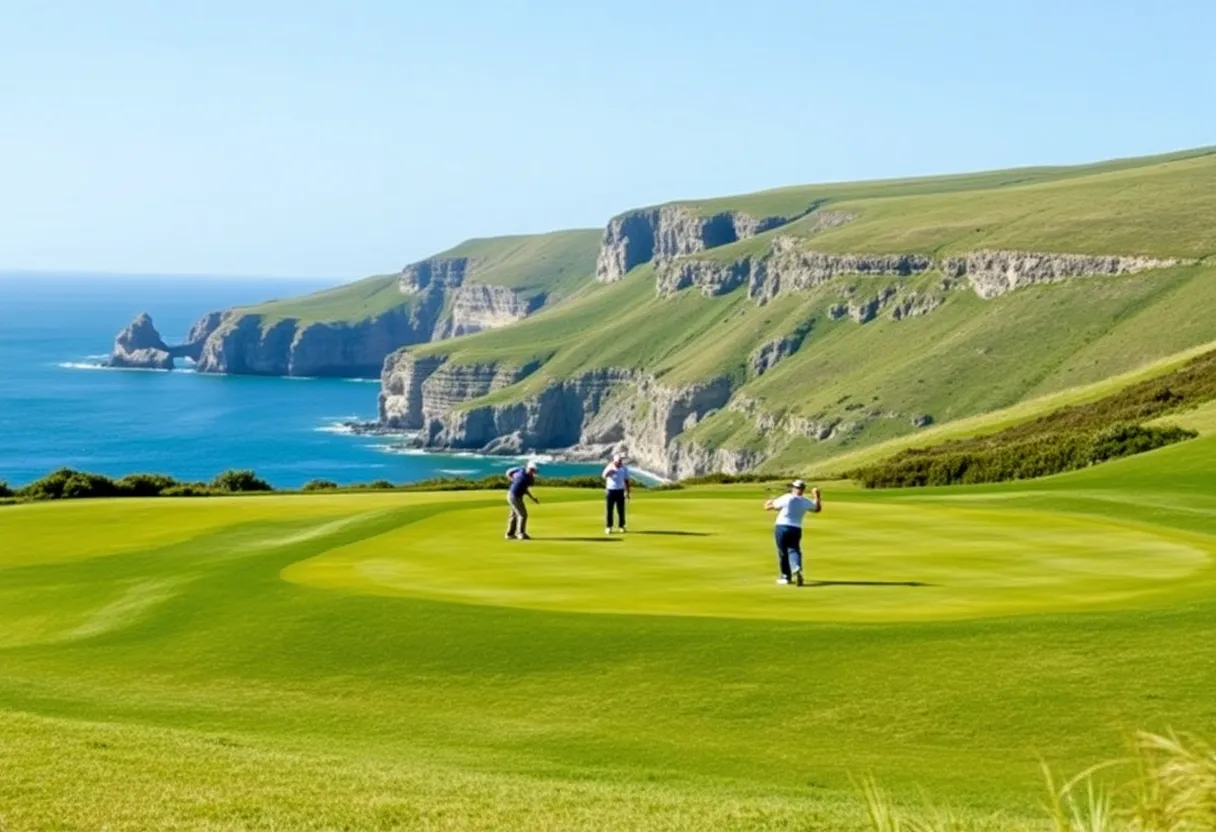 Amateur golfers playing at Cypress Point Club during the Walker Cup.