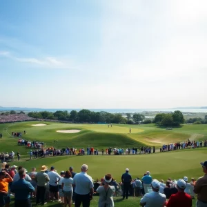 A panoramic shot of an iconic golf course with players and spectators during the Walker Cup event.