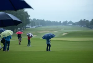 Rainy day at the Walmart NW Arkansas Championship with umbrellas and an unplayable golf course.