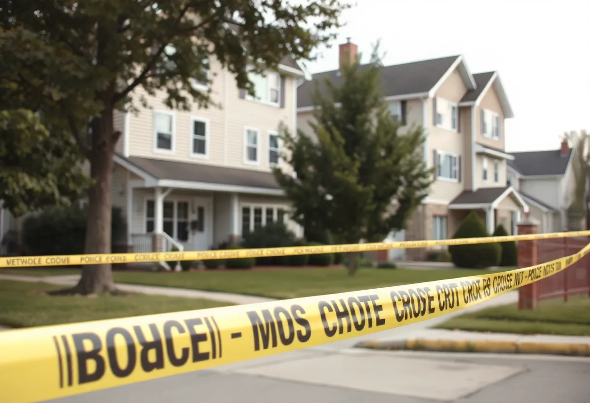 Police tape surrounding a multi-family home in Watertown, Massachusetts, after a shooting incident.