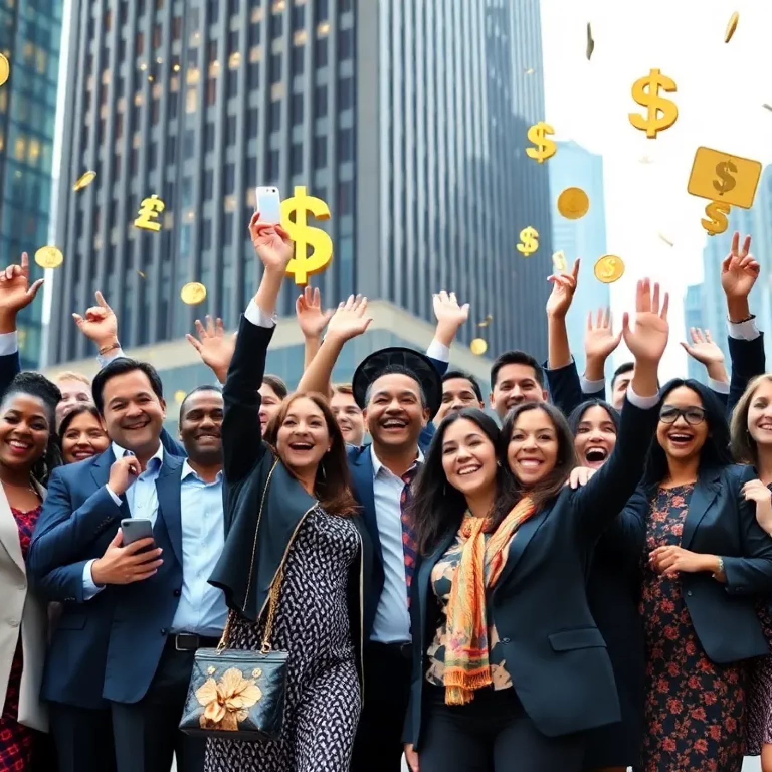 A group of wealthy individuals in an urban setting celebrating their financial success.