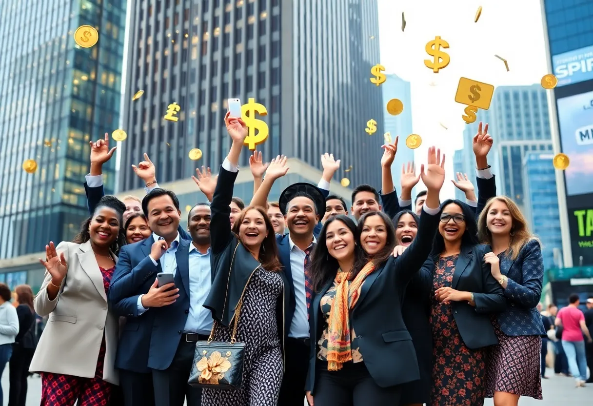 A group of wealthy individuals in an urban setting celebrating their financial success.