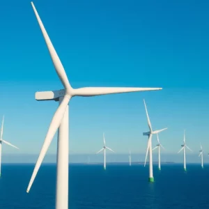 Wind turbines off the Massachusetts coast against a clear sky