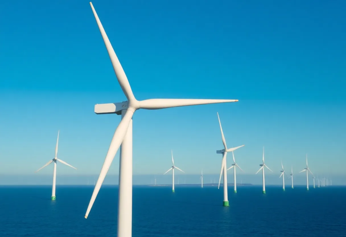 Wind turbines off the Massachusetts coast against a clear sky