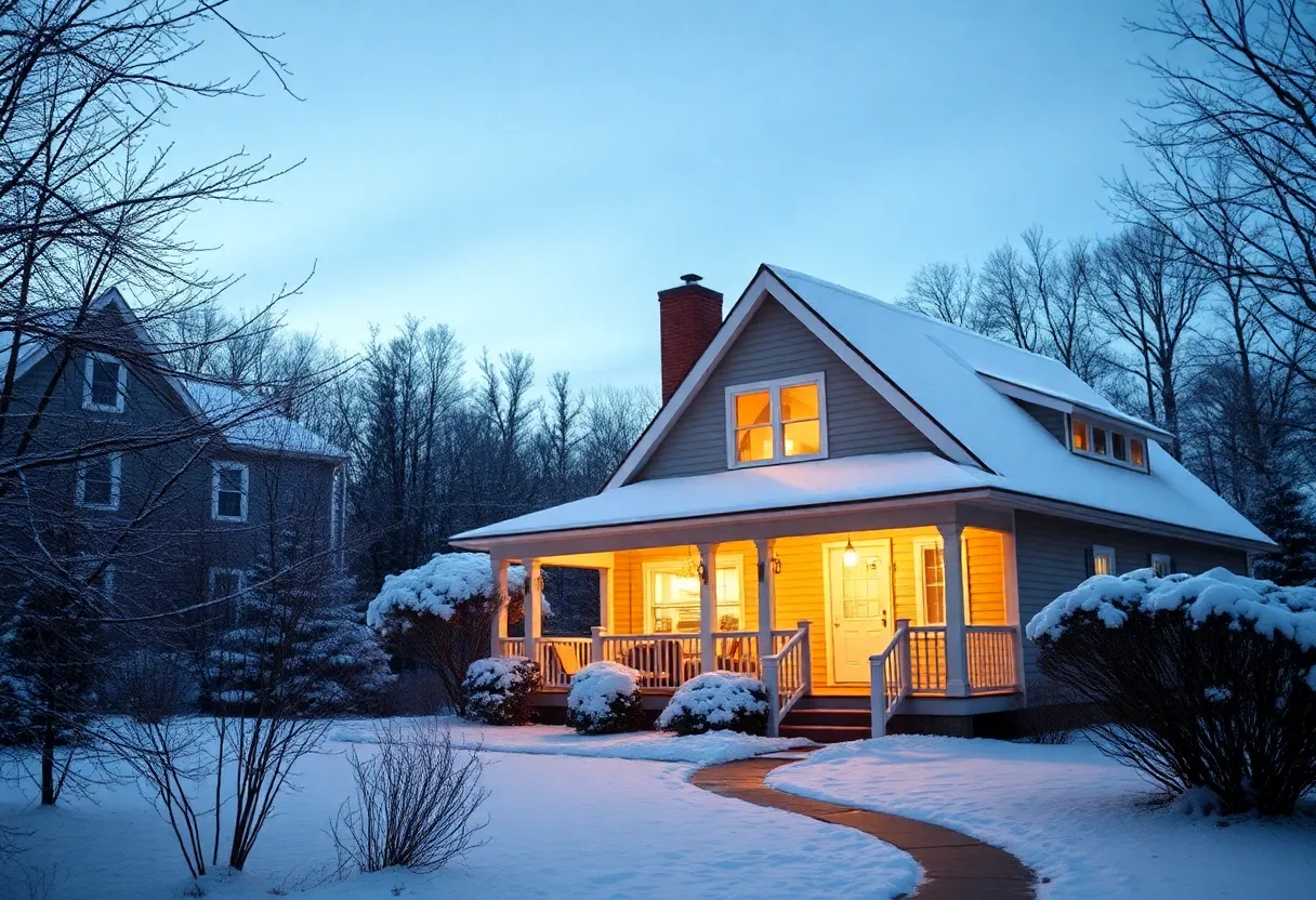 A cozy home in a winter landscape, symbolizing rising gas bills in Massachusetts.