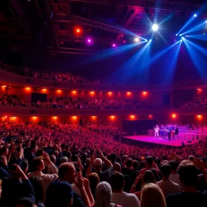 A lively scene of crowds at a comedy and music event in Worcester