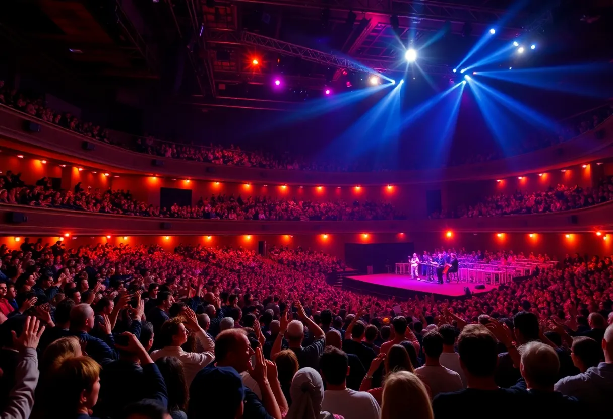 A lively scene of crowds at a comedy and music event in Worcester