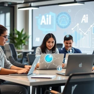 Group of entrepreneurs using AI technology in a workspace