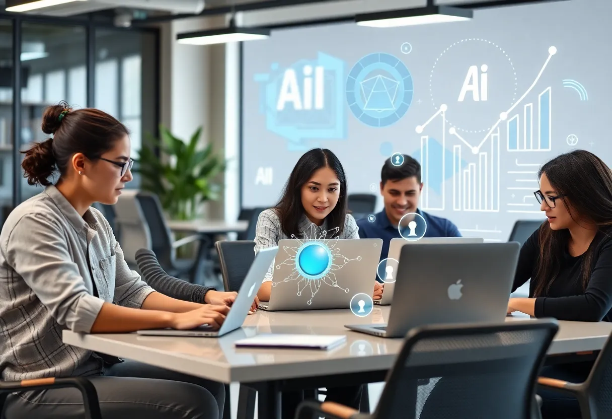 Group of entrepreneurs using AI technology in a workspace